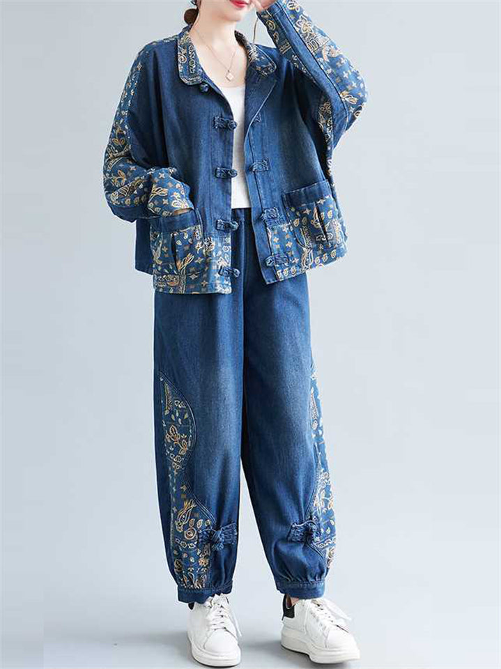 Women's 2Pcs Chinese Style Print Lapel Denim Top & Pants Set