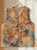 Women Chinese Style Landscape Print Satin TangSuit Vest