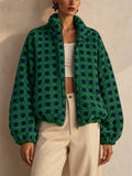 Women Casual Checkered Fleece Zip Up Oversized Teddy Jacket