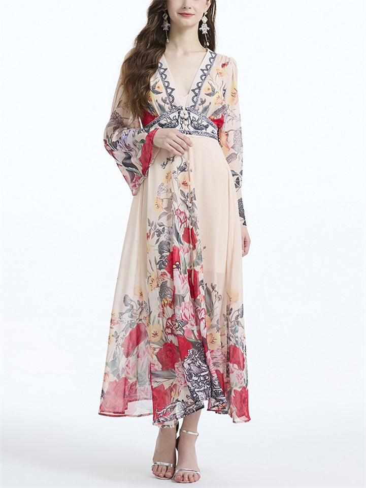 Women's Holiday Style V Neck Flare Sleeve Maxi Dress