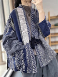 Women's Autumn Blue Printed Long Sleeve Lace Up Cardigan Coat