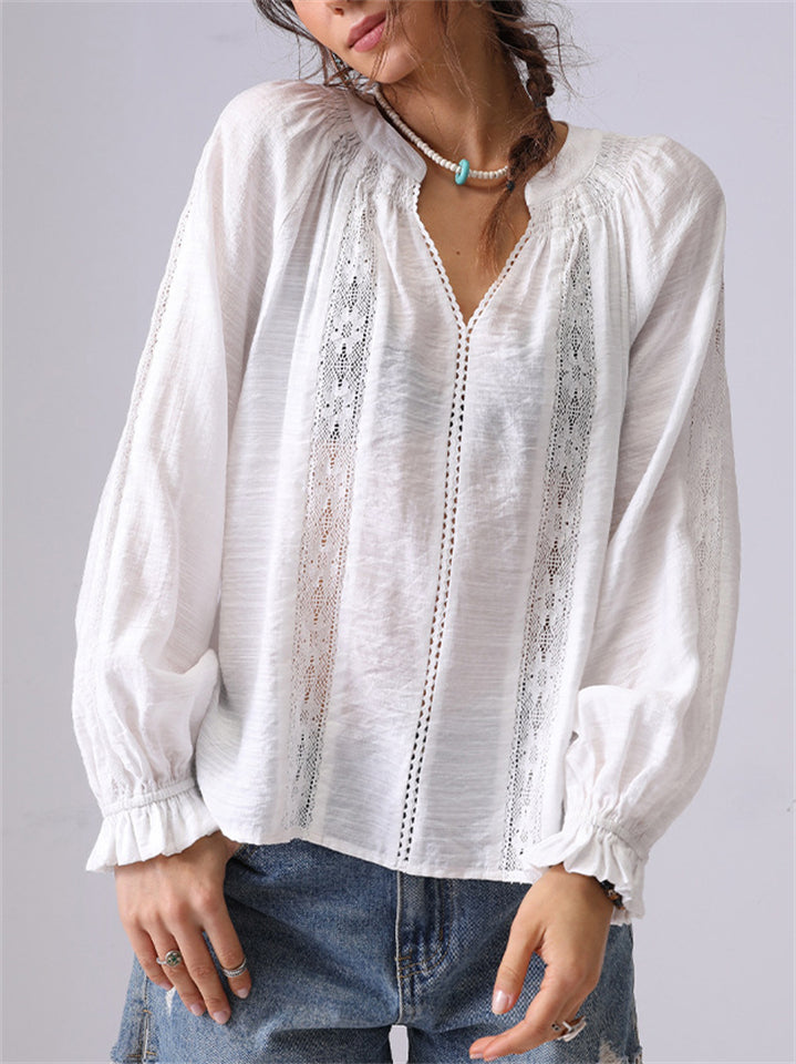 Women's French Style White V-Neck Puffed Sleeve Shirt