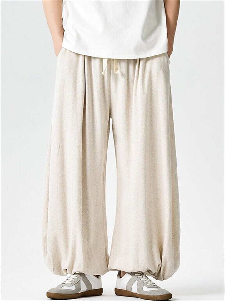 Men's Japanese Style Cotton Linen Solid Color Loose Bloomers Pants