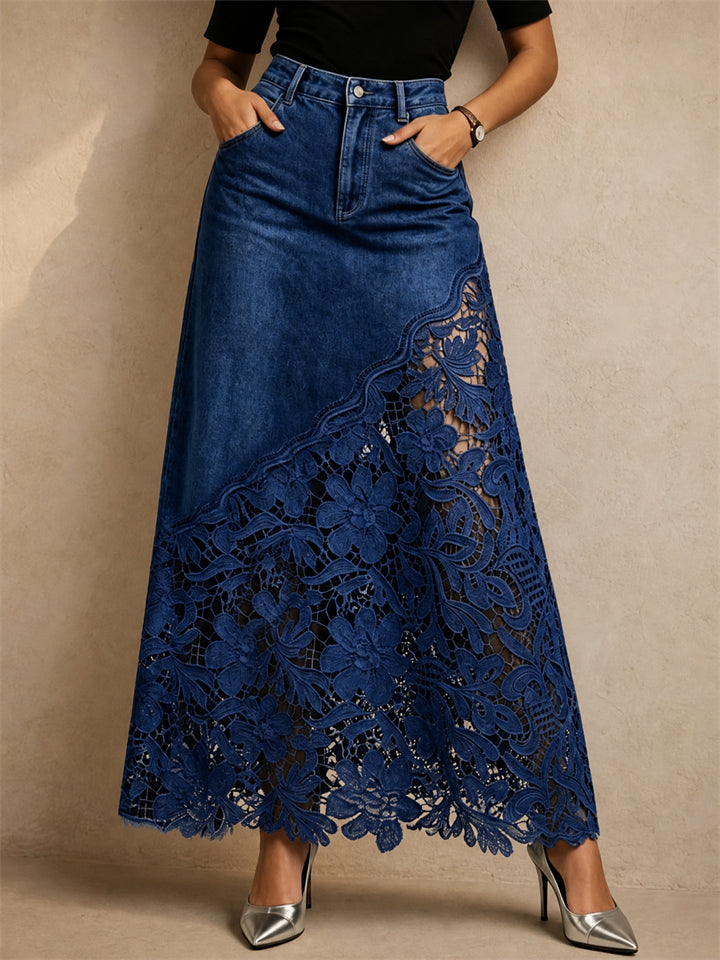 Women High Waist Floral Lace Patchwork Denim Maxi Skirt