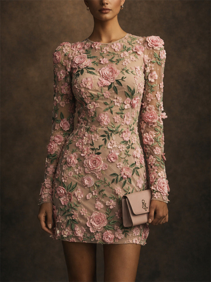 Women 3D Floral Embroidered Long Sleeve Mesh Mini Dress