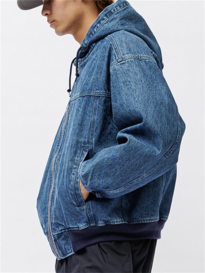 Japanese Style Retro Cotton Hooded Denim Jacket for Men