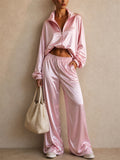 Women 2pcs Trendy Shiny Zip Up Top Wide Leg Pants Tracksuit Set