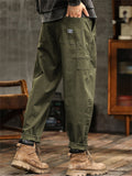 Men's Japanese Style Cotton Solid Color Pockets Straight Cargo Pants with Belt