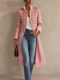 Women Military Button Long Jacket Slim Fit Denim Trench Coat