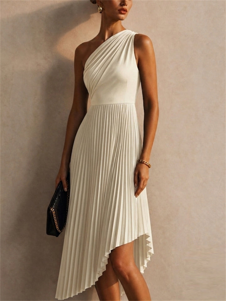 Women White One Shoulder Pleated Asymmetric Cocktail Dress