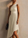 Women White One Shoulder Pleated Asymmetric Cocktail Dress