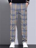 Men's Casual Plaid Elastic Waist Multi-Pocket Straight Fit Pants