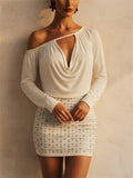 Women White One Shoulder Backless Studded Mini Party Dress