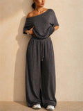 Womens Casual Two Piece Off Shoulder Top and Wide Leg Pants Set