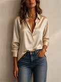 Womens Striped Glossy Button Down Long Sleeve Blouse