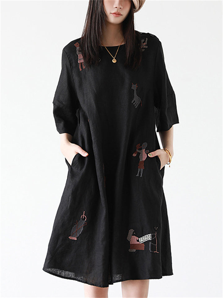 Women's Summer Simple Embroidery Round Neck Dress