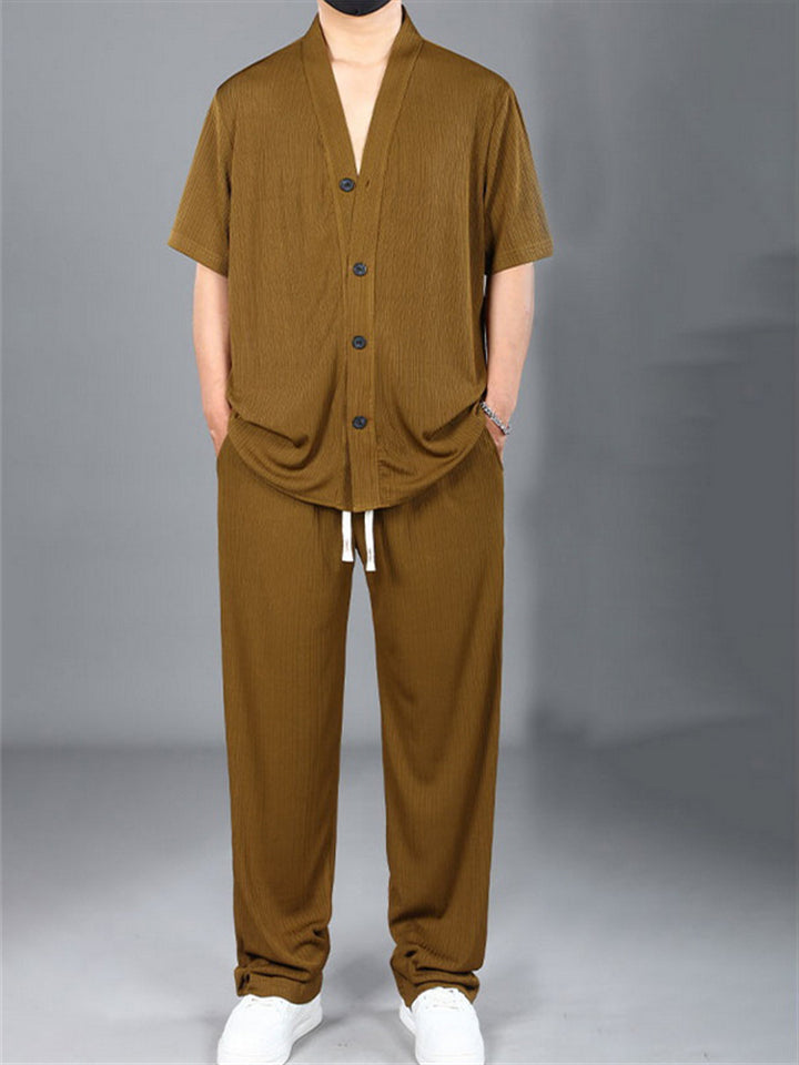 Men's Summer Plus Size V-Neck Short Sleeve Set with Loose Fit and Drawstring Pants