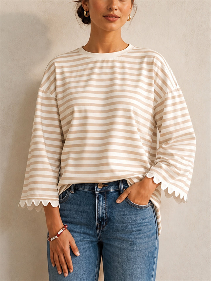 Womens Striped Oversized Long Sleeve Scallop Trim Top