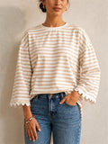 Womens Striped Oversized Long Sleeve Scallop Trim Top