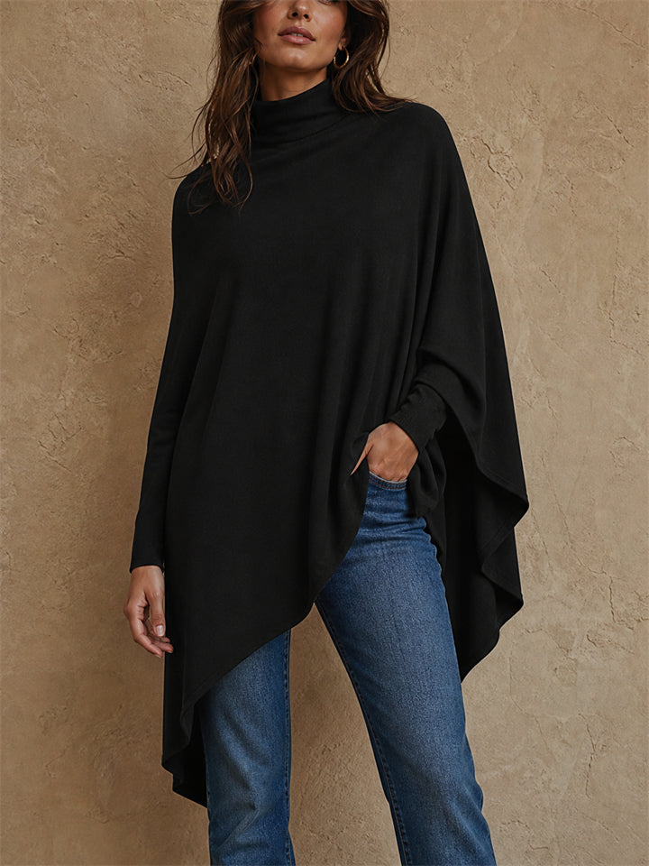 Womens Black Turtleneck Asymmetrical Poncho Wrap Top