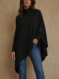Womens Black Turtleneck Asymmetrical Poncho Wrap Top