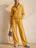 Women Stylish Contrast Trim Half Zip Top Wide Leg Pants Two Piece Tracksuit