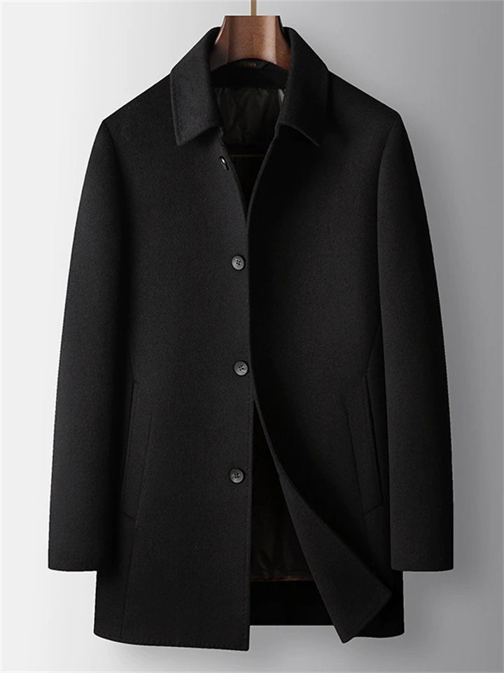 Men's Winter Solid Color Button Up Long Sleeve Lapel Woolen Coats