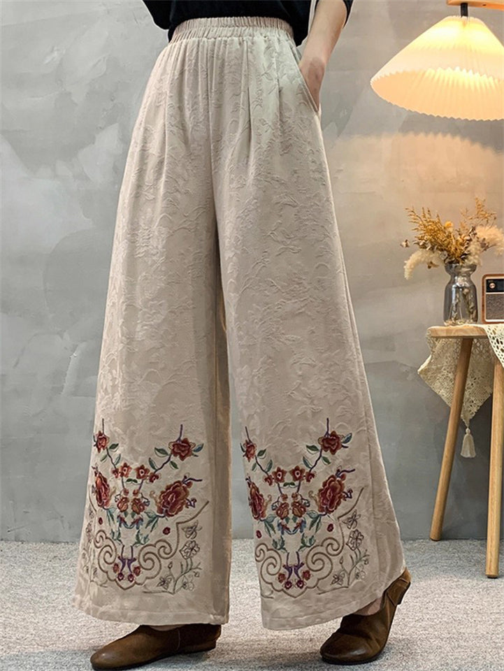 Women's Ethnic Style Jacquard Flowers Embroidered High Rise Wide Leg Pants