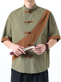 Men's Chinese Style Color Block Cotton Linen Short Sleeve Tang Suit Shirts