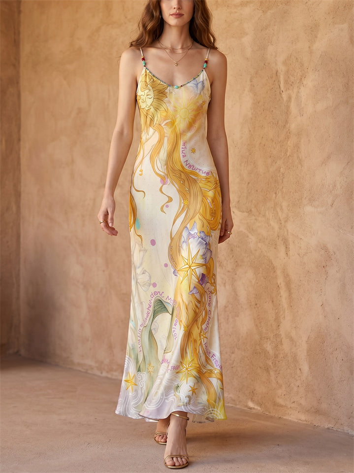 Women's Celestial Sun Print Summer Backless Satin Maxi Dress