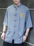 Men's Retro Cool Comfy Hanzi Loong Embroidery Button Up Shirt
