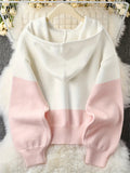 Women's Korean Style Contrast Color Button Up Hooded Cardigan Knitted Top