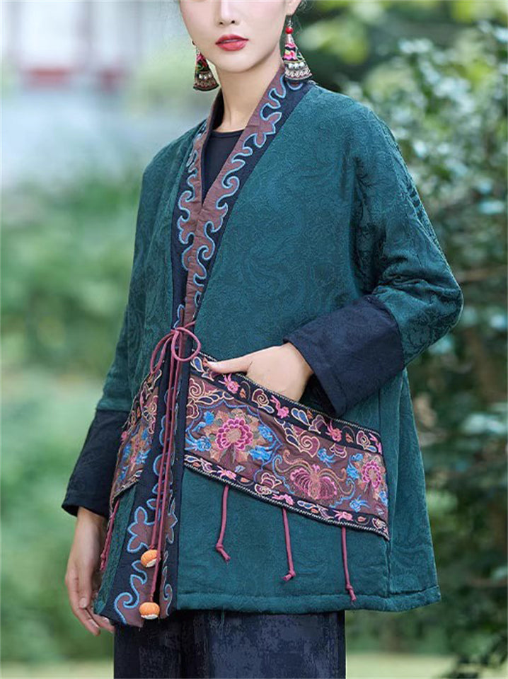 Women's Retro Simple Ethnic Style Patchwork Loose Long Sleeve Coat