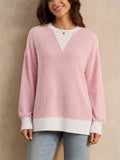 Women Loose Ribbed Color Block Pullover Casual Sweatshirts