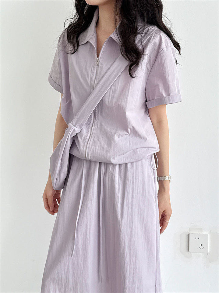 Women's Japanese Style Simple Solid Color Zip Up Short Sleeve Top & Skirt Set