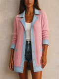 Womens Denim Patchwork Ribbed Knit Long Sleeve Casual Jacket