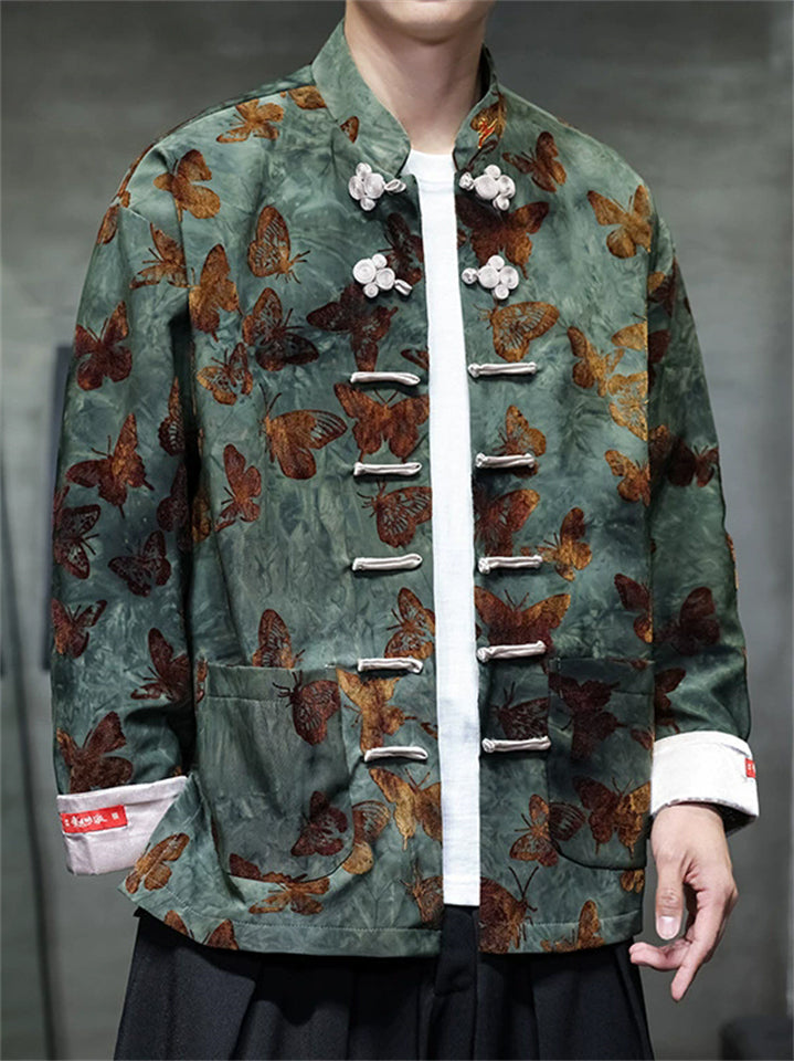 Men's Spring Butterfly Print Chinese Style Jacket with Knot Buttons