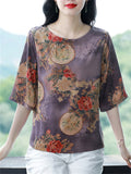 Female Elegant Summer Print O-Neck Half Sleeve Shirt