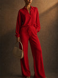 Women Casual Pleated 2 Piece Button Down Shirt and Wide Leg Pants Set