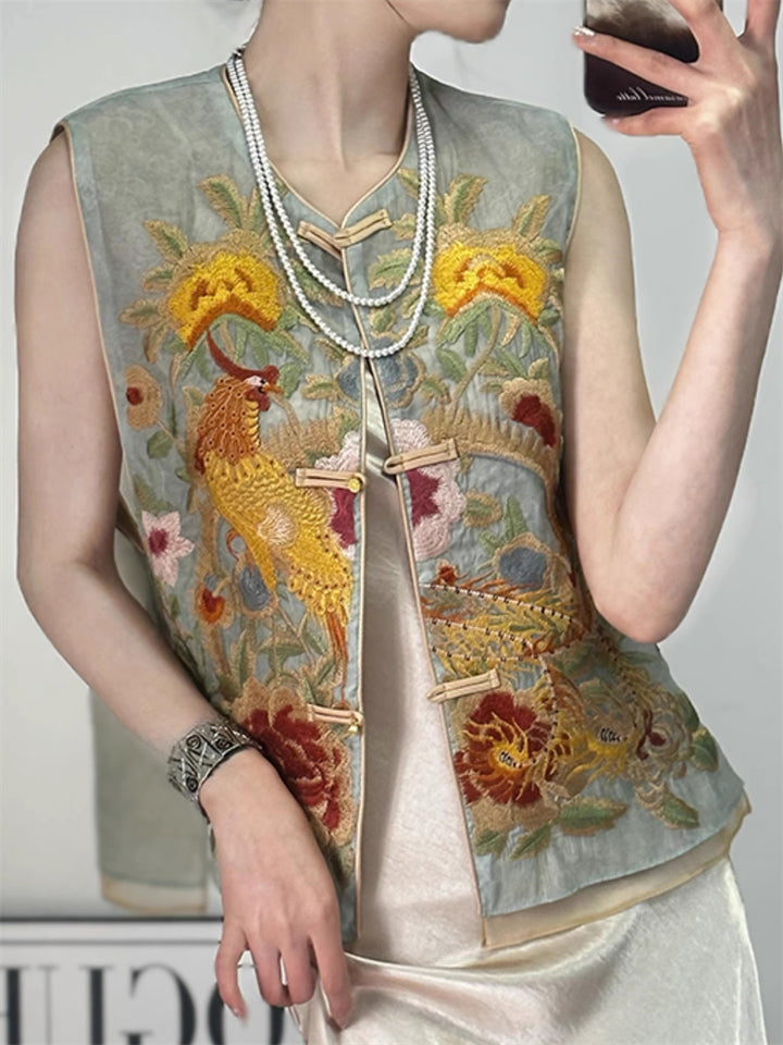 Women's Trendy Phoenix and Peony Embroidered Sleeveless Summer Vest