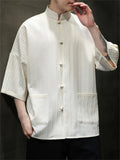 Men's Summer Retro Solid Color Stripe Loose Short Sleeve Shirts