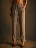 Womens High Waisted Pleated Straight Leg Plaid Work Pants