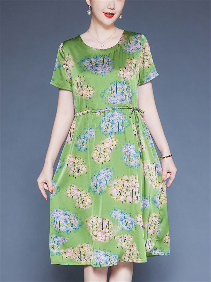 Women's Loose Floral Print Tie-waist O-neck Short Sleeve Dress