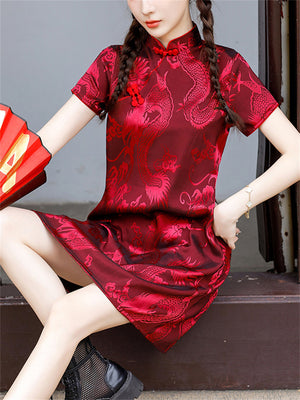 Wine Red Mini Qipao with Ancient Loong Jacquard
