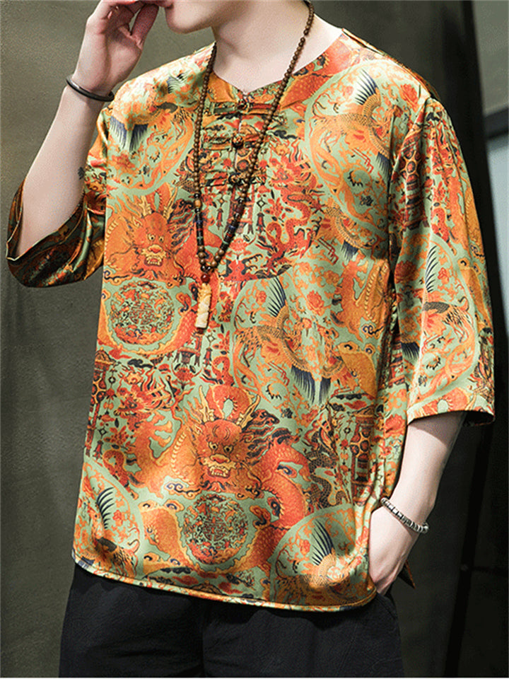Men's Summer Cool Chinese Style Loong Printed Half Sleeve TangSuit Shirt