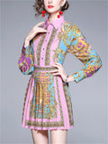 Women's 2Pcs Elegant Floral Print Lapel Shirt & Pleated Skirt Set
