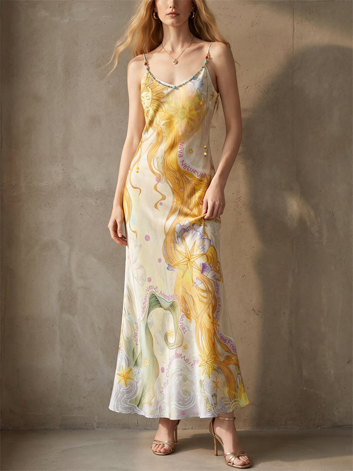 Women's Celestial Sun Print Summer Backless Satin Maxi Dress