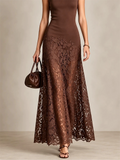 Women Chocolate Brown Sleeveless Lace Formal Evening Dress