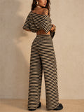 Womens Two Piece Striped Off Shoulder Top and Wide Leg Pants Set