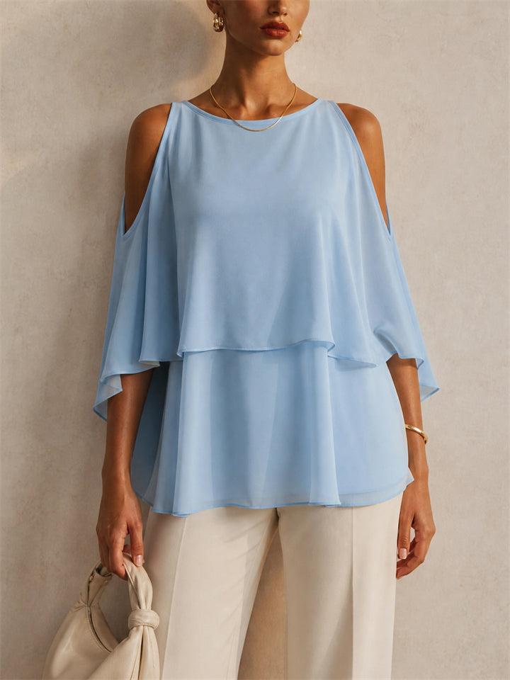 Womens Cold Shoulder Chiffon Top Layered Summer Blouse
